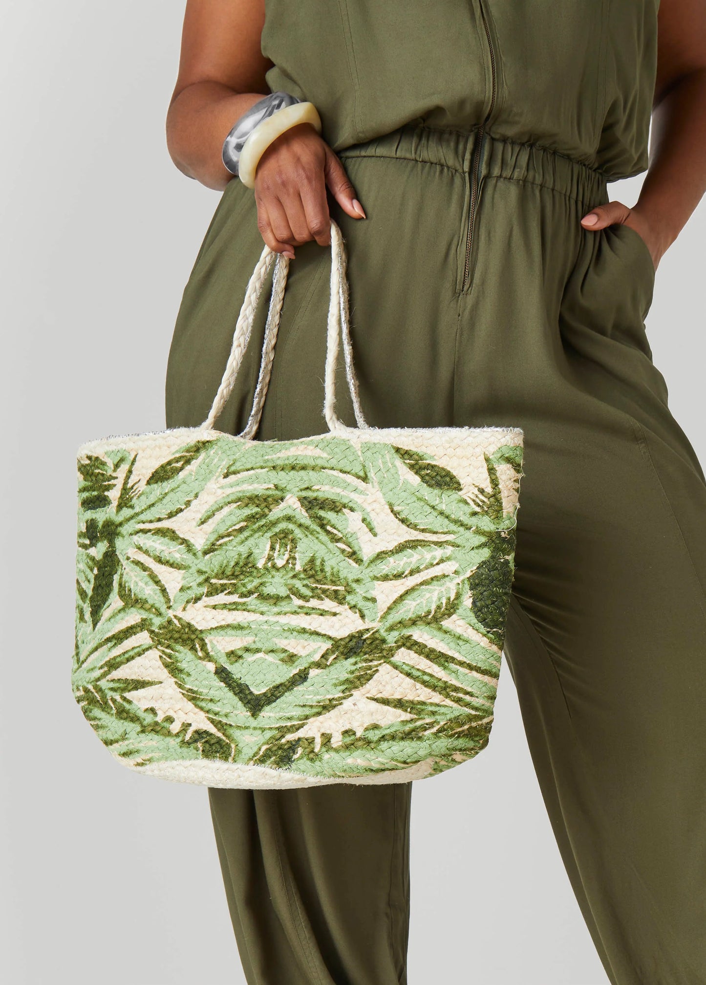 Leaf Print Straw Tote