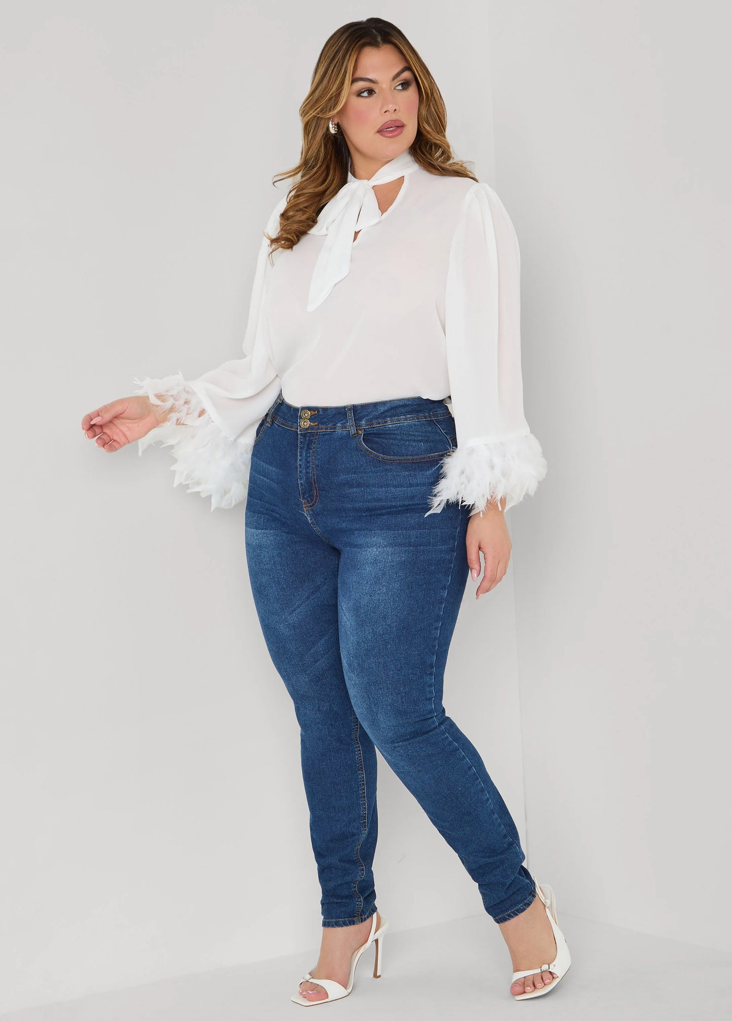 Feather Trimmed Tie Neck Blouse