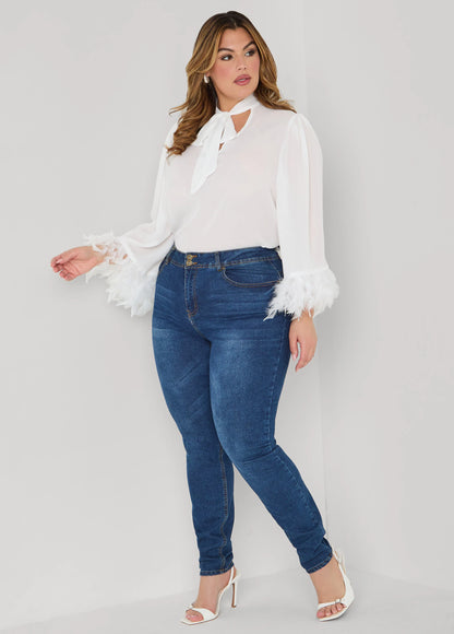 Feather Trimmed Tie Neck Blouse