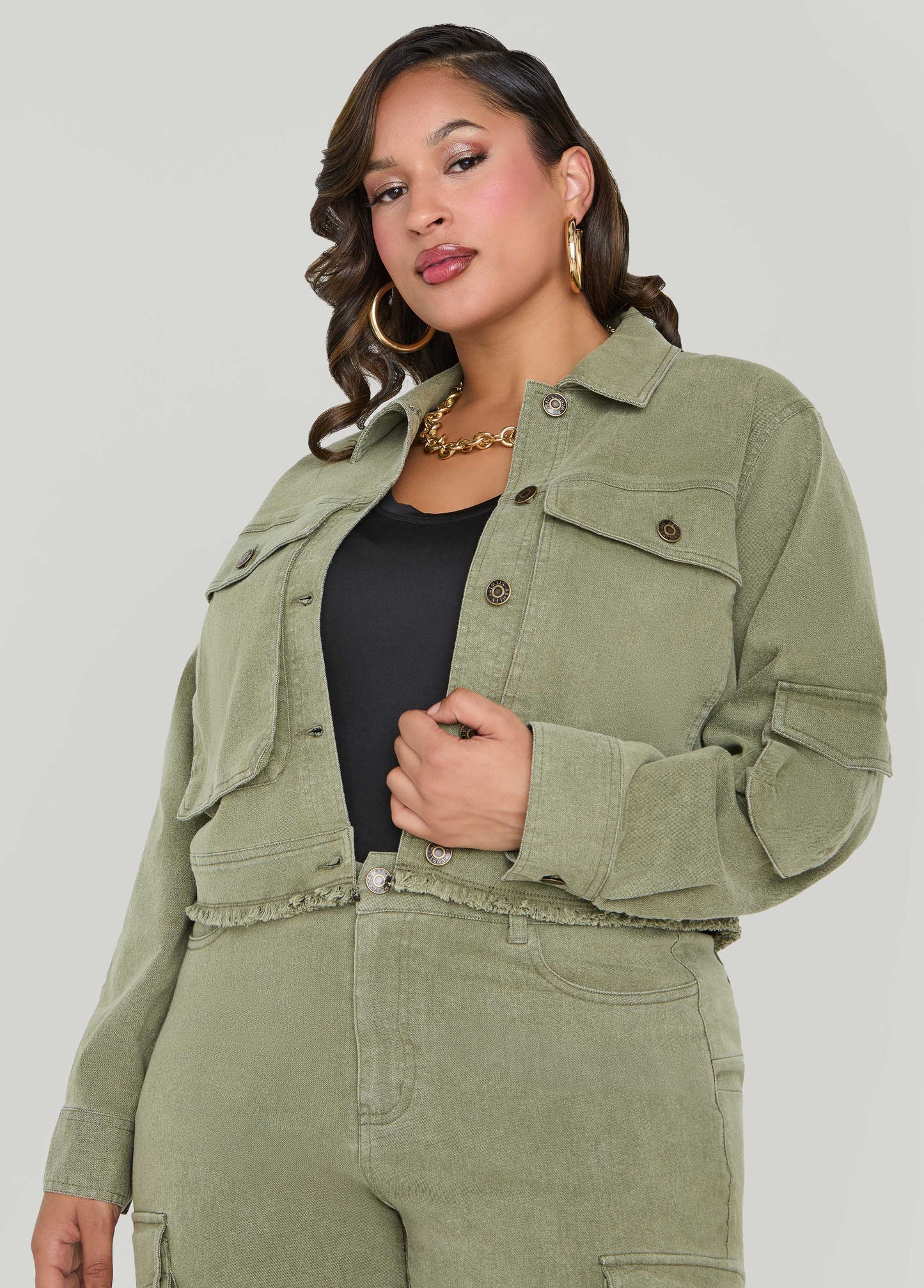 Cropped Denim Cargo Jacket
