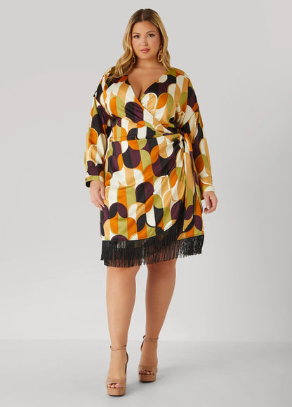 Fringed Printed Satin Wrap Dress
