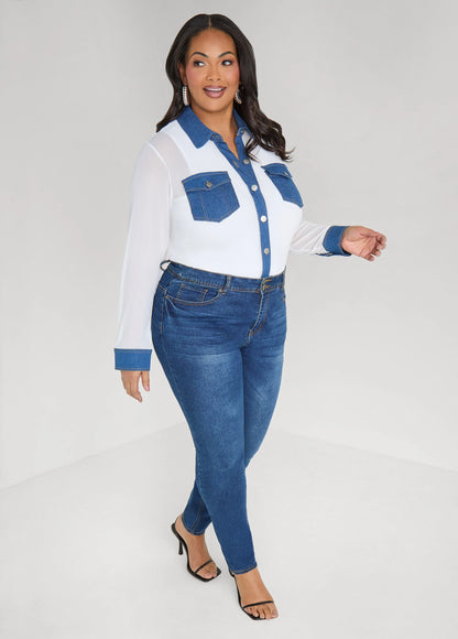 Denim Paneled Mesh Shirt
