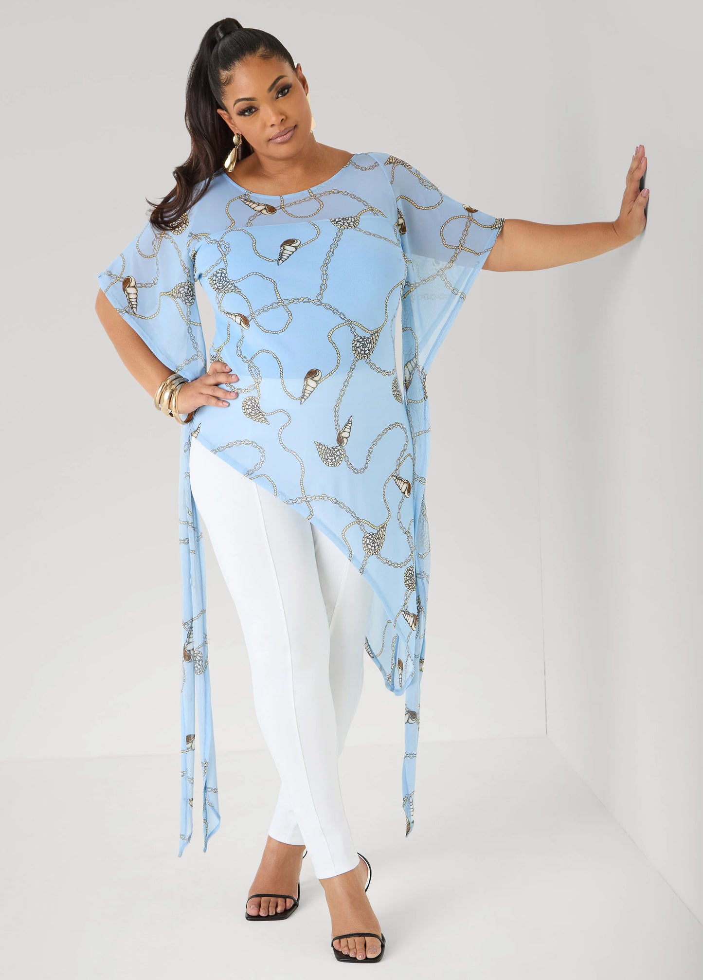 Shell Print Asymmetric Mesh Tunic