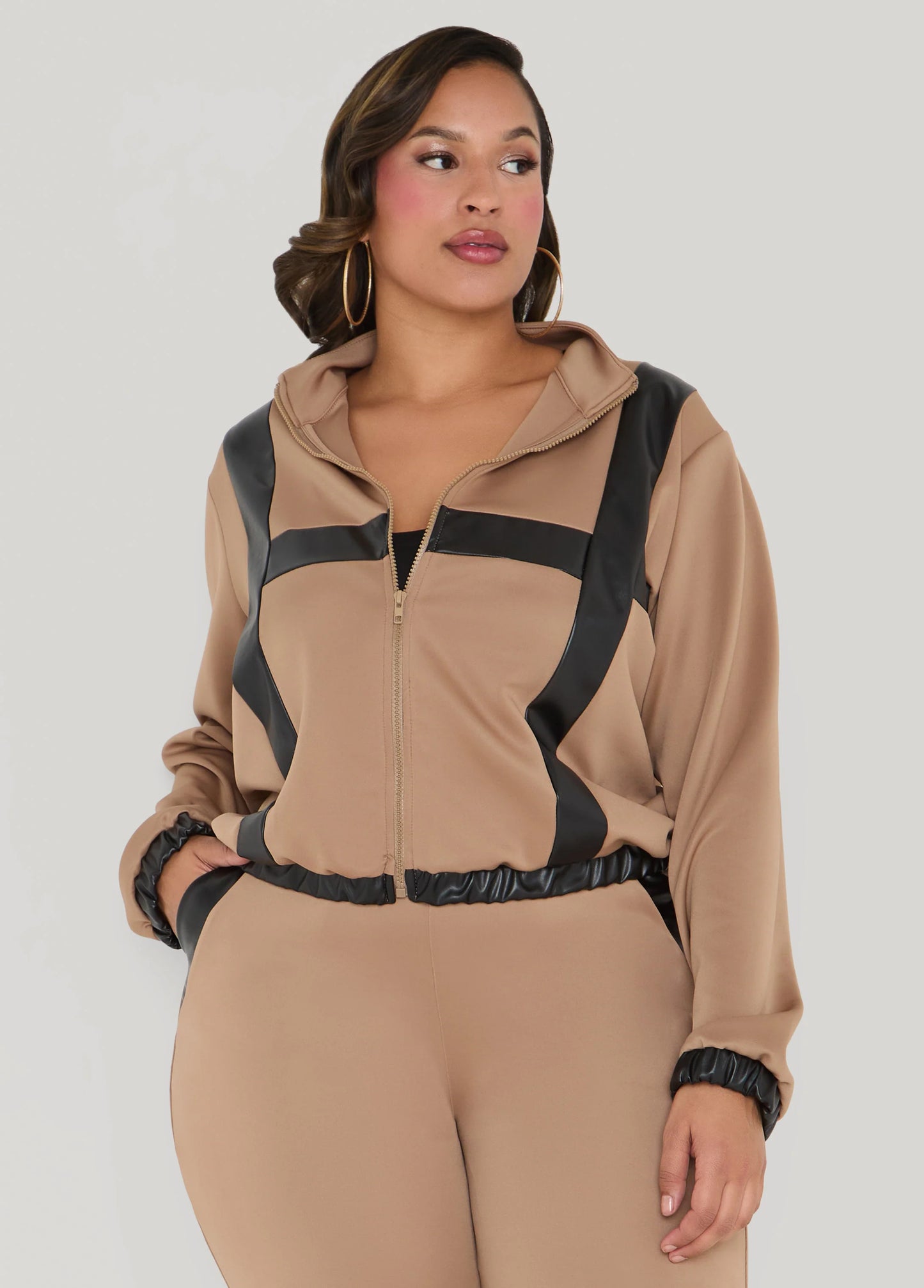 Faux Leather Paneled Track Jacket