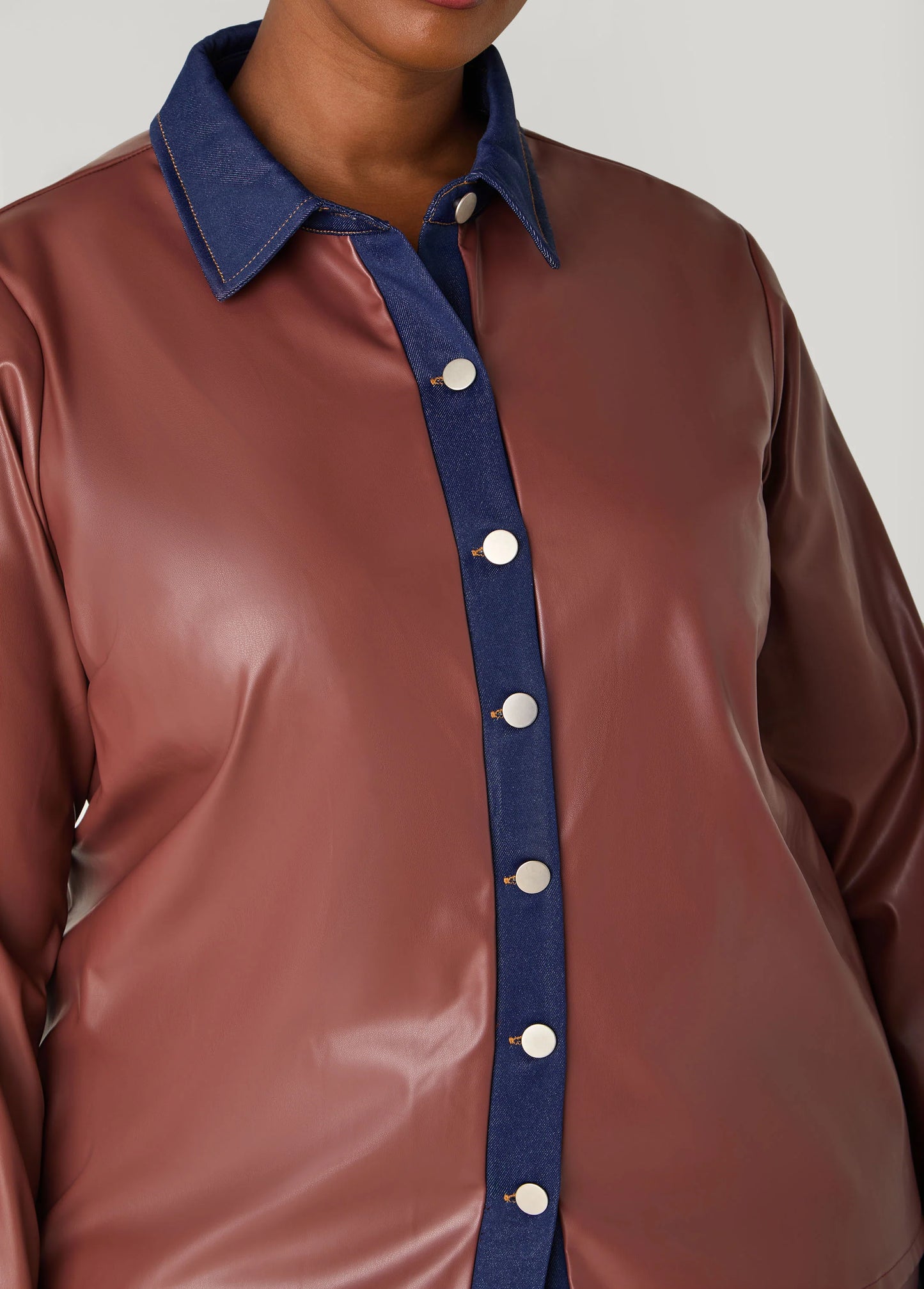 Denim Trimmed Faux Leather Shirt