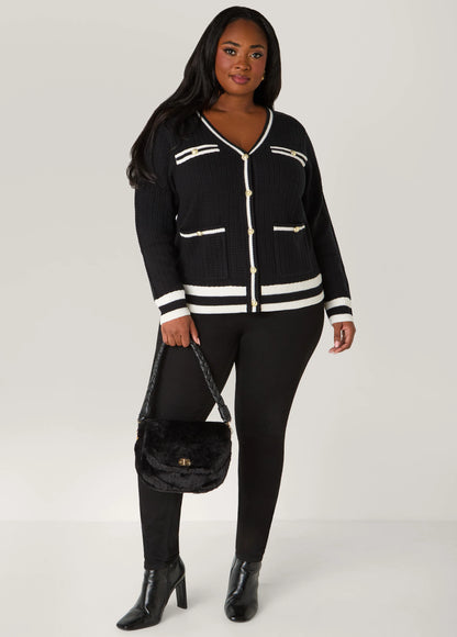 Striped Trimmed Ribbed Cardigan