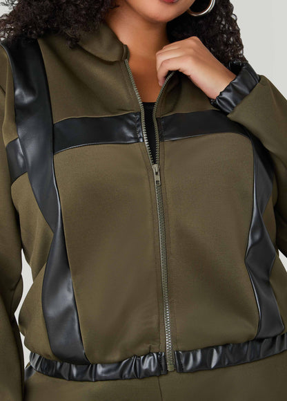 Faux Leather Paneled Track Jacket