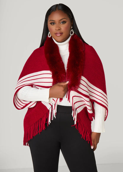 Faux Fur Trimmed Stripe Poncho