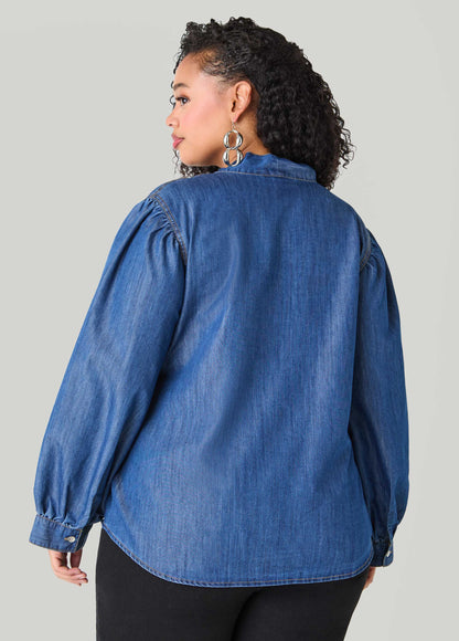 Fringed Tie Neck Denim Blouse