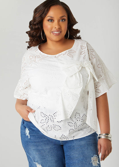 Bow Embellished Eyelet Blouse