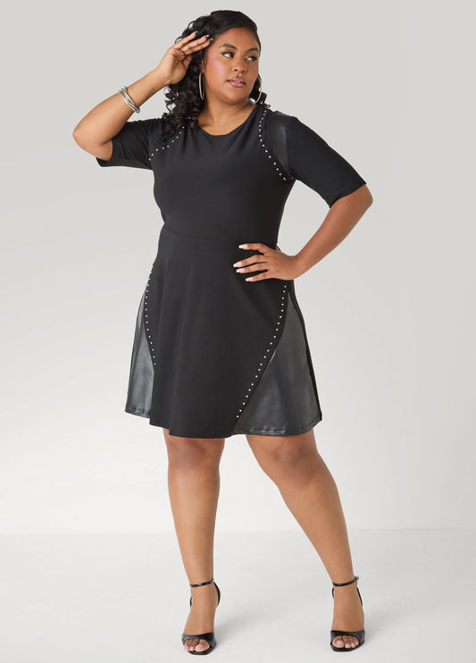 Studded Faux Leather Paneled Dress