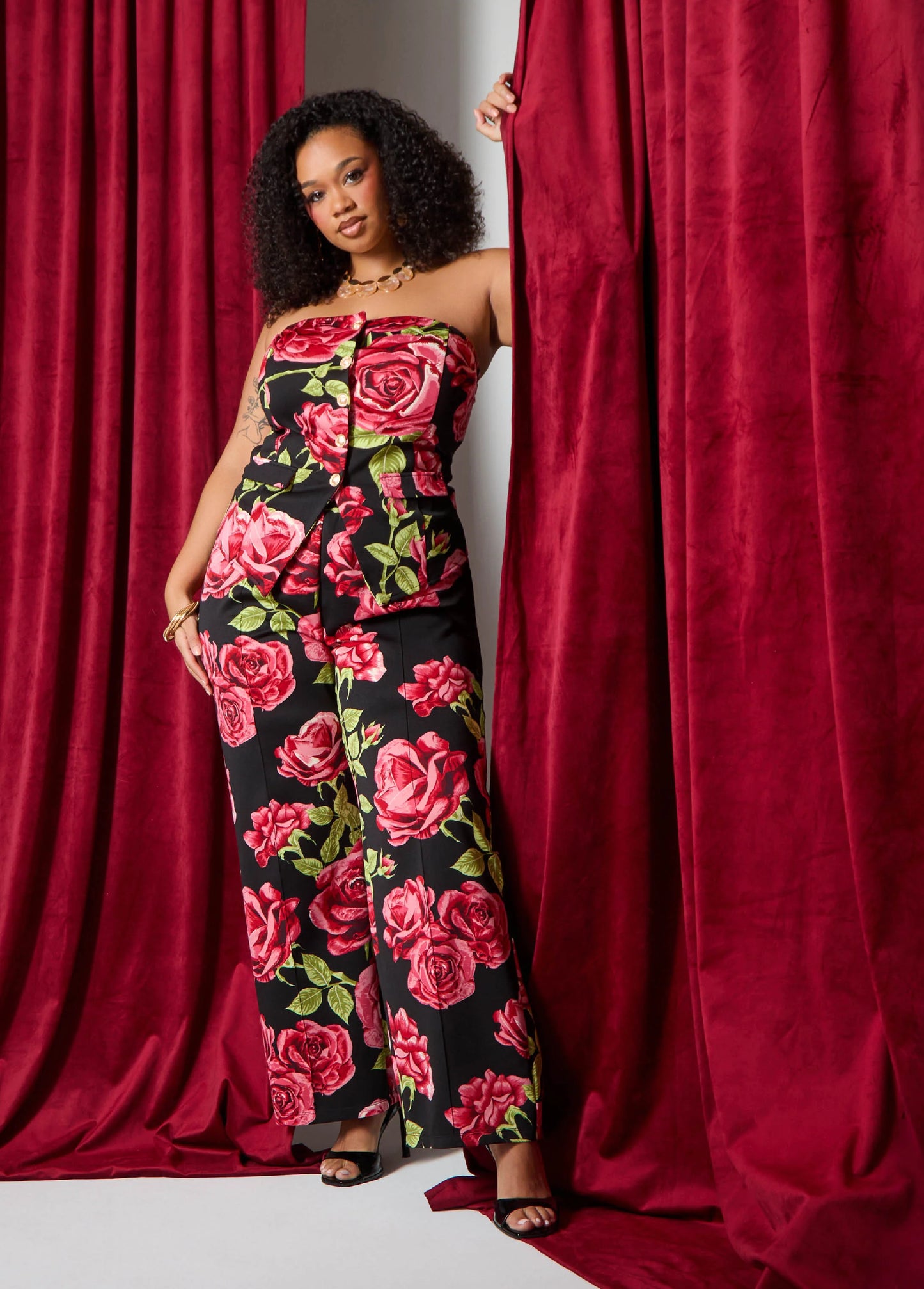 Rose Print Wide Leg Pants