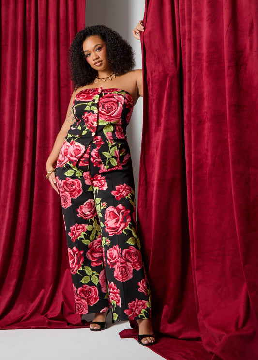 Rose Print Wide Leg Pants