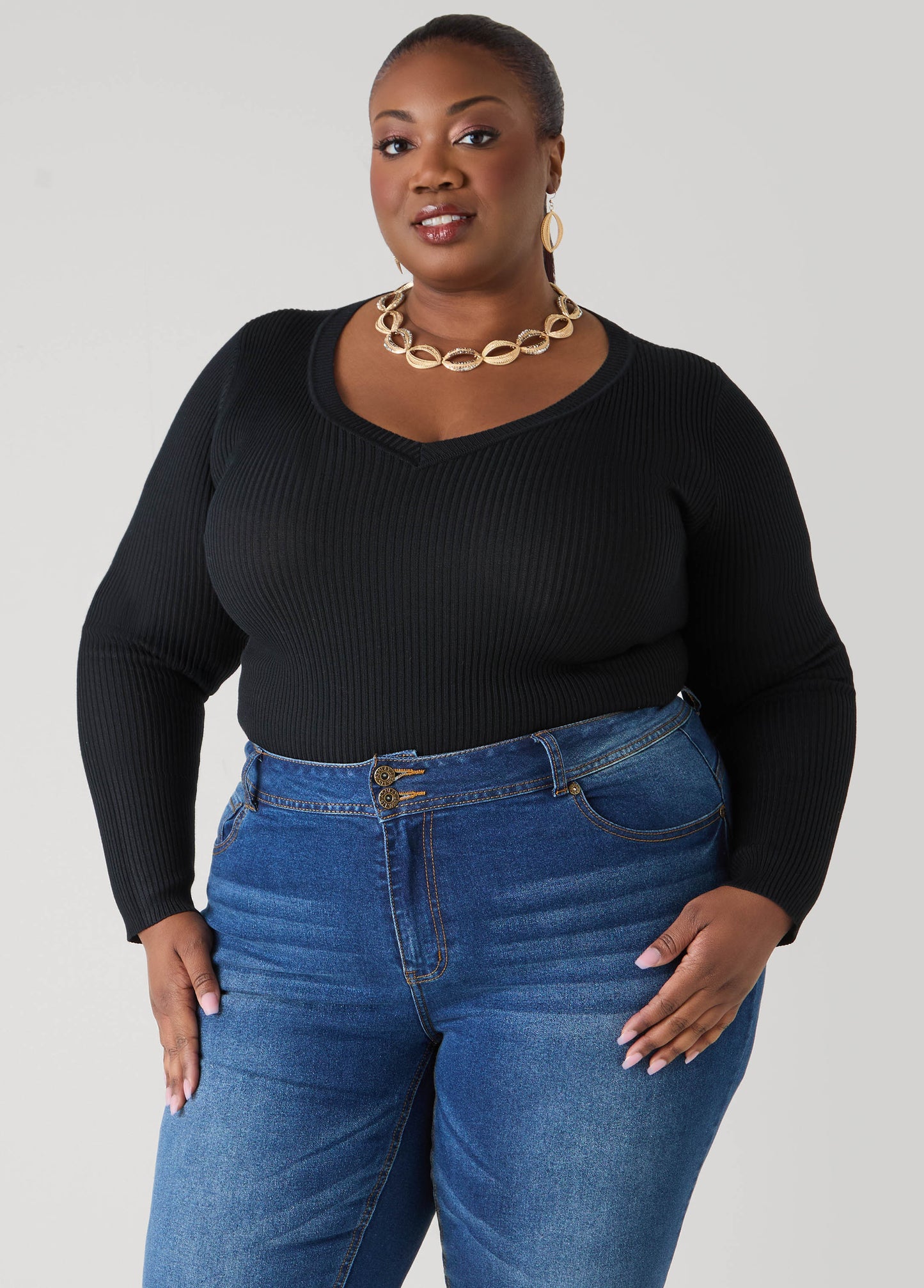 Ribbed Knit V Neck Sweater