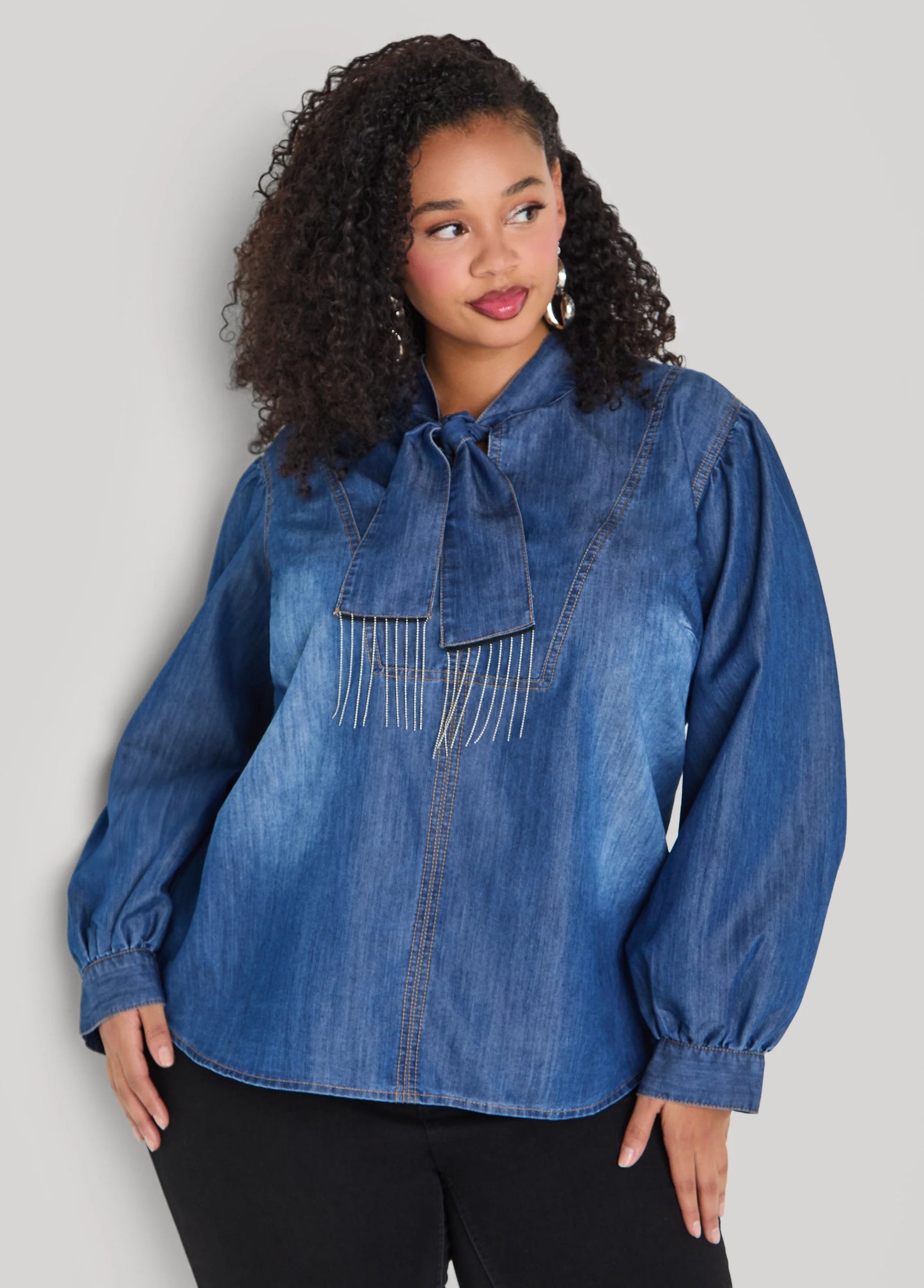 Fringed Tie Neck Denim Blouse