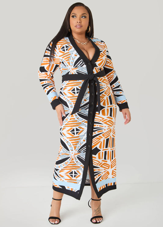 Abstract Print Cardigan Dress
