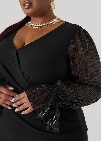 Sequin Mesh Paneled Faux Wrap Top
