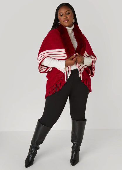 Faux Fur Trimmed Stripe Poncho