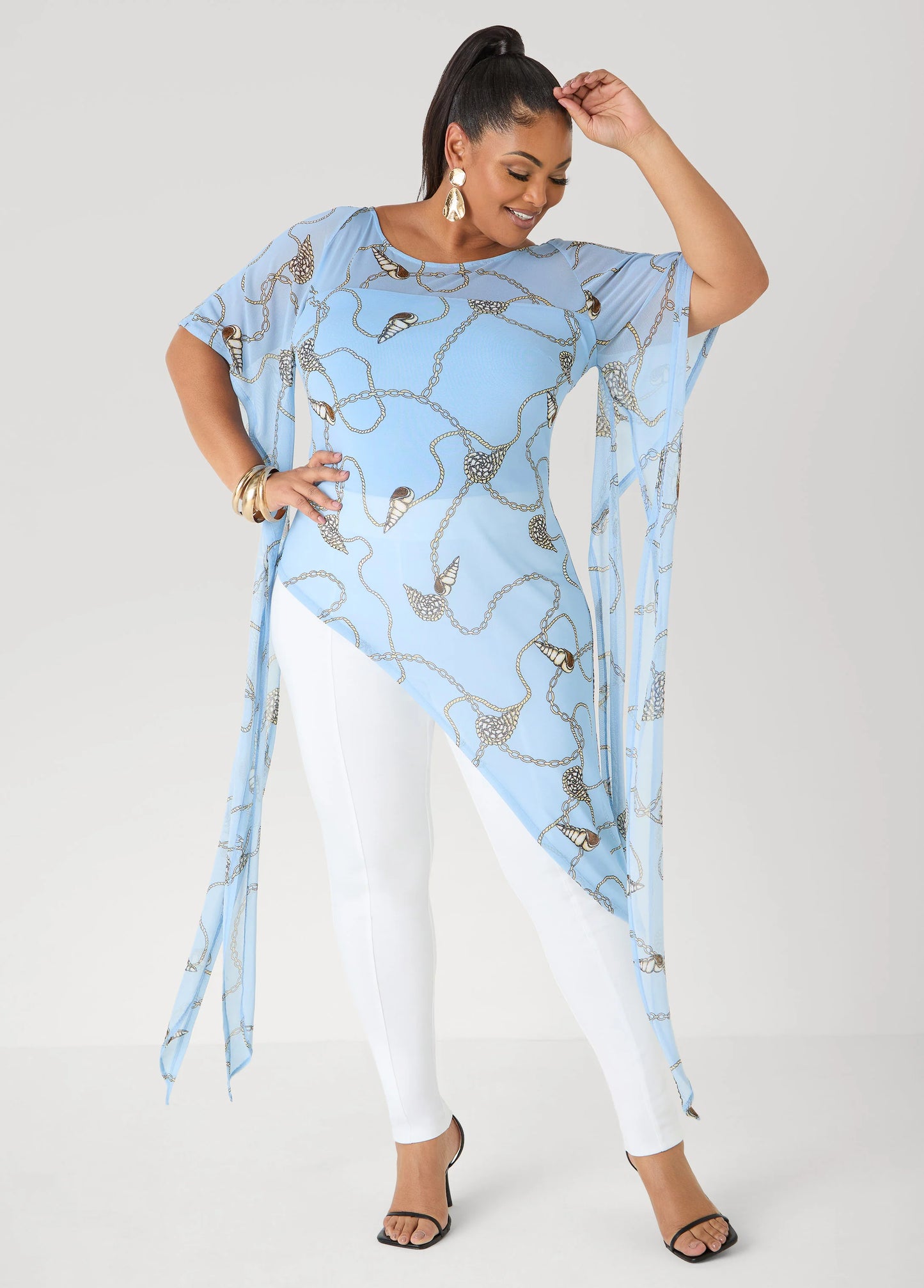Shell Print Asymmetric Mesh Tunic