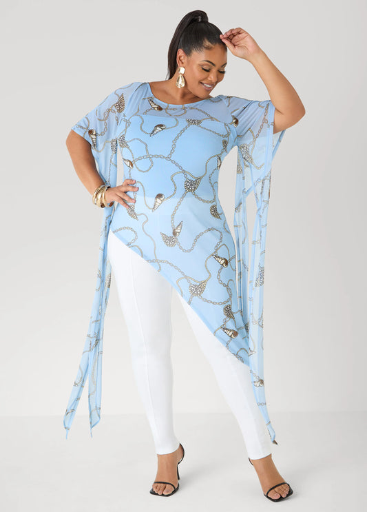 Shell Print Asymmetric Mesh Tunic