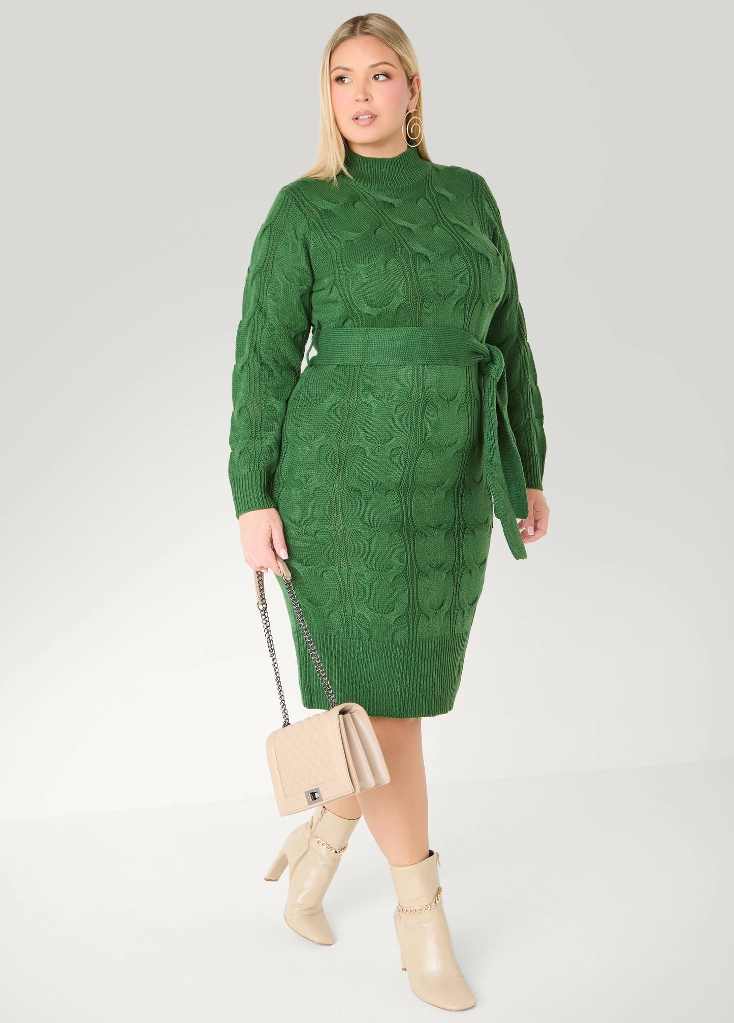 Belted Cable Knit Sweater Dress