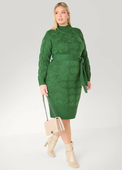 Belted Cable Knit Sweater Dress
