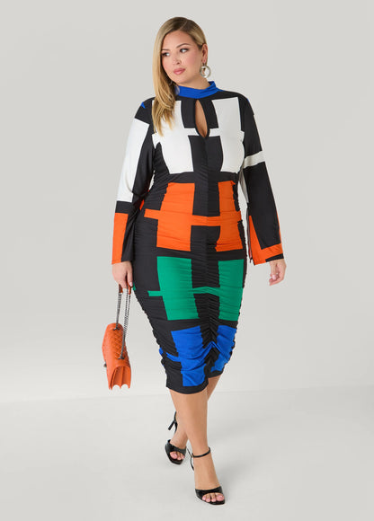 Ruched Geo Print Bodycon Dress