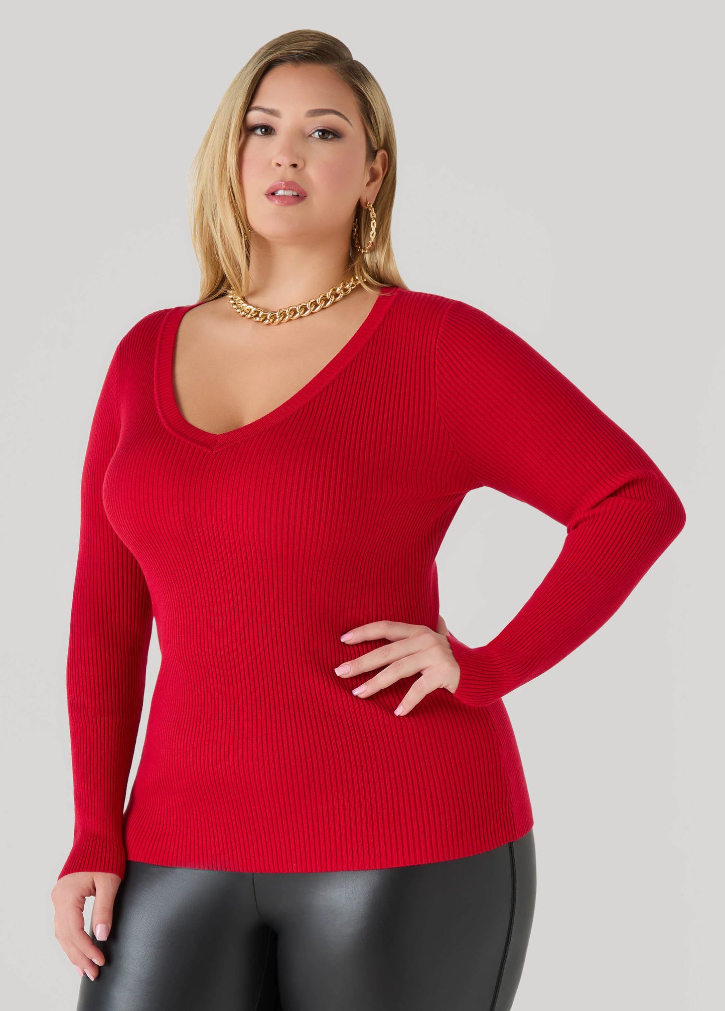 Ribbed Knit V Neck Sweater