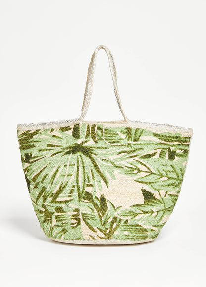 Leaf Print Straw Tote