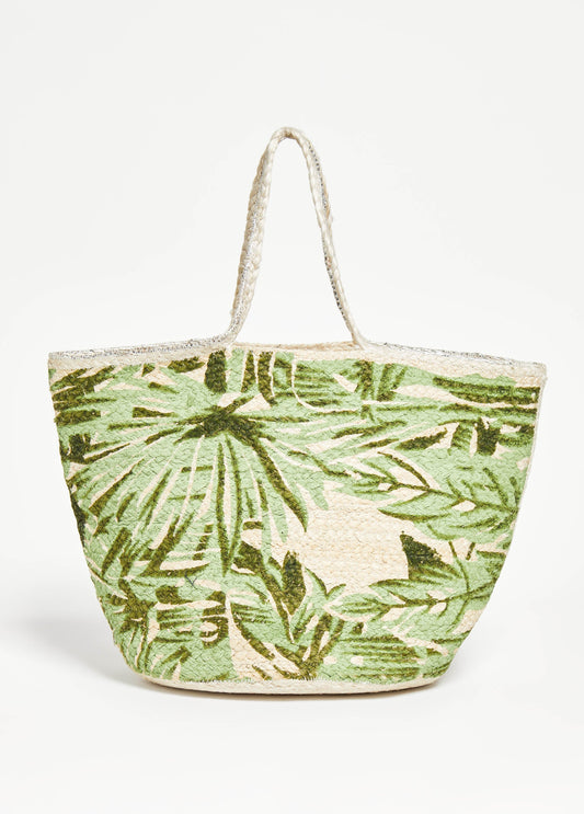Leaf Print Straw Tote
