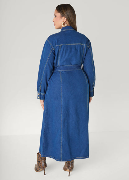 Belted Denim Maxi Shirtdress
