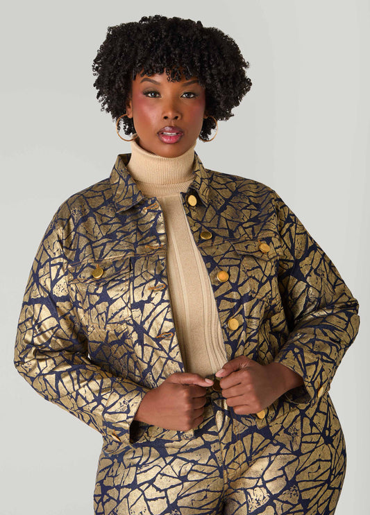 Cropped Shatter Print Denim Jacket