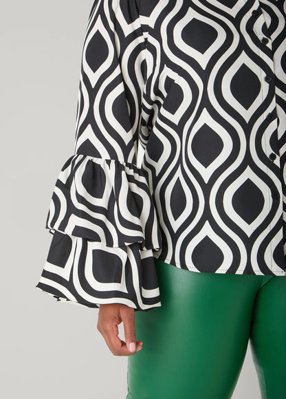 Geo Print Ruffled Sleeve Blouse
