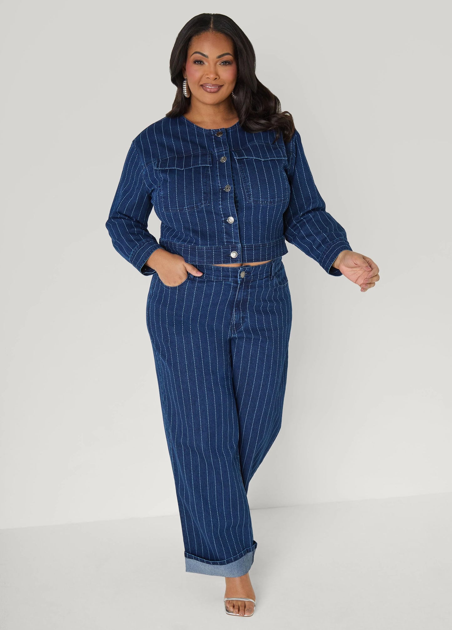 Pinstriped Denim Crop Jacket