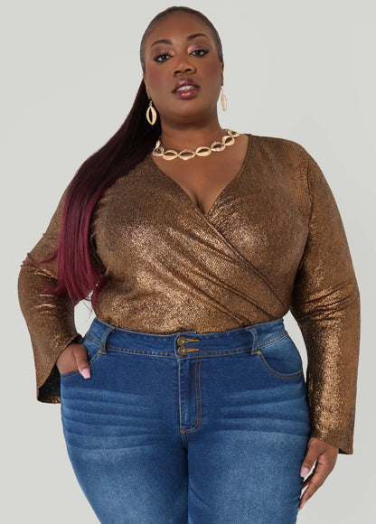 Metallic Pebbled Faux Wrap Top