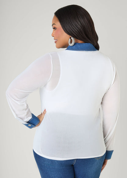 Denim Paneled Mesh Shirt
