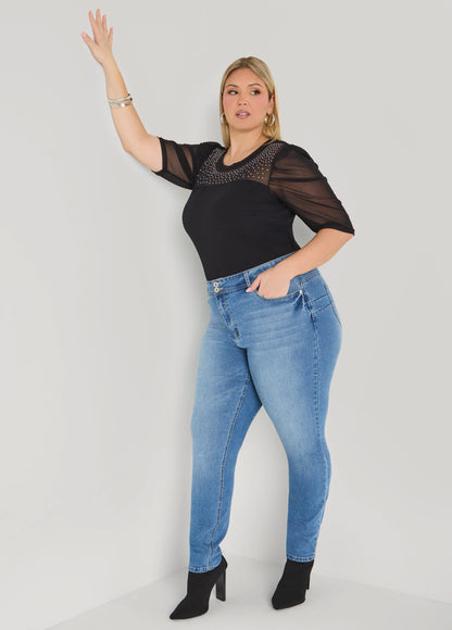 Crystal Mesh Paneled Textured Top