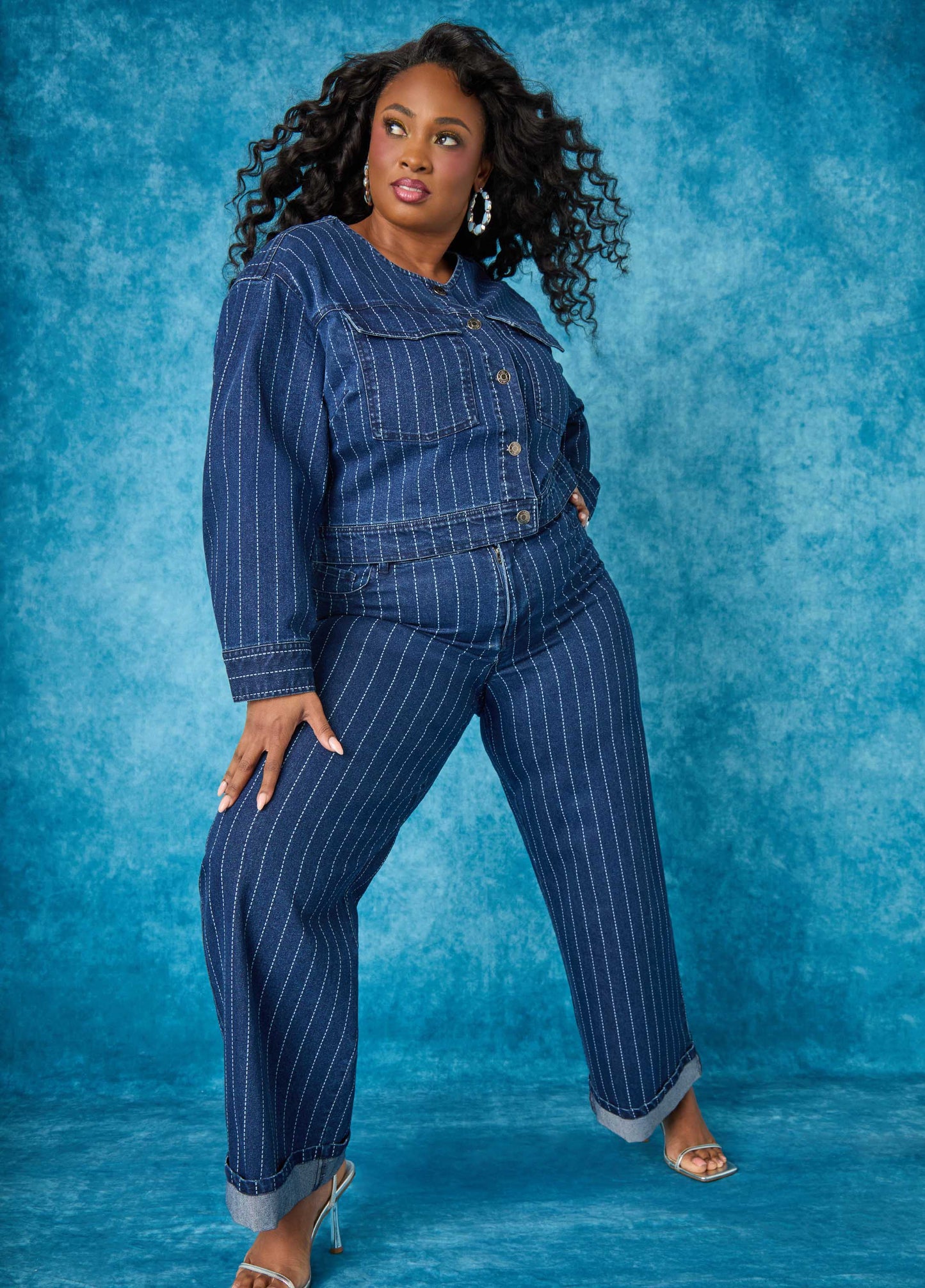 Cuffed Pinstriped Wide Leg Jeans