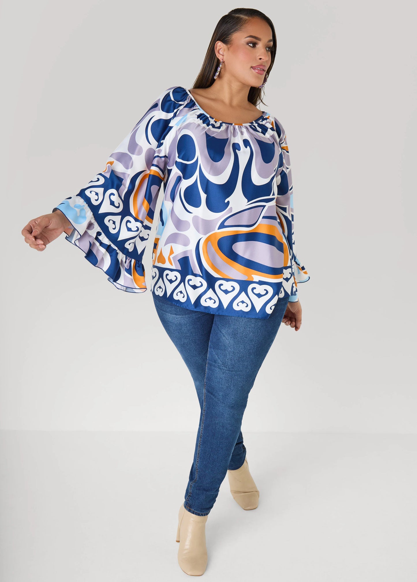 Ruffled Printed Satin Blouse