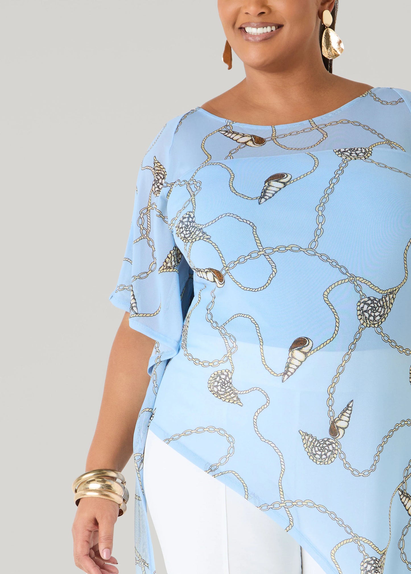 Shell Print Asymmetric Mesh Tunic