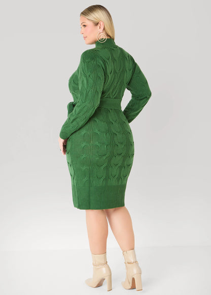 Belted Cable Knit Sweater Dress