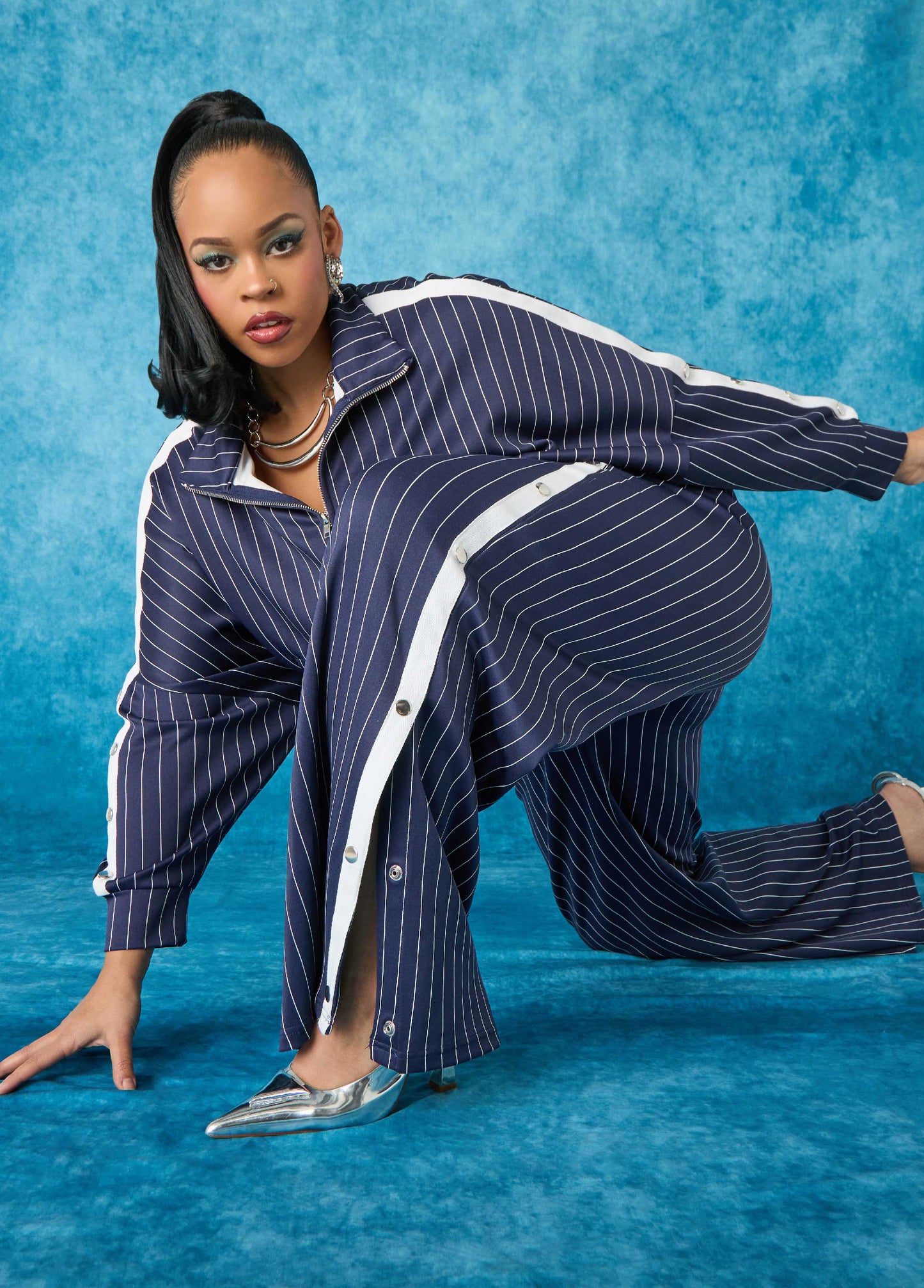 Snap Detailed Pinstriped Pants