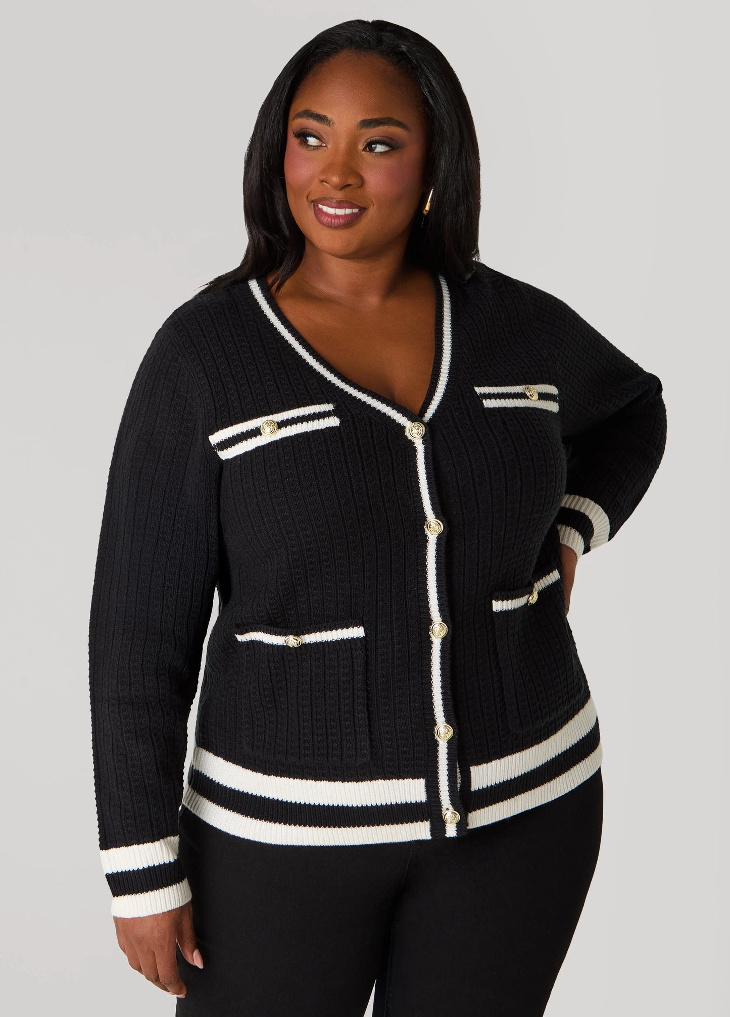 Striped Trimmed Ribbed Cardigan