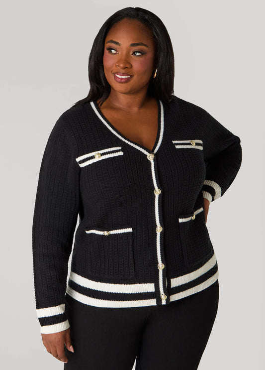 Striped Trimmed Ribbed Cardigan