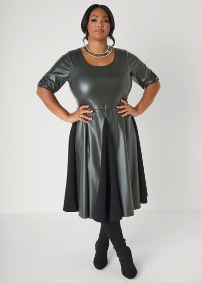 Paneled Faux Leather A Line Dress