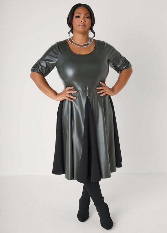 Paneled Faux Leather A Line Dress