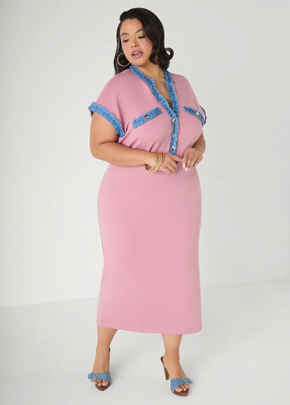 Denim Trimmed Bodycon Maxi Dress