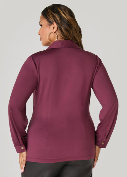 Gathered Button Front Knit Shirt