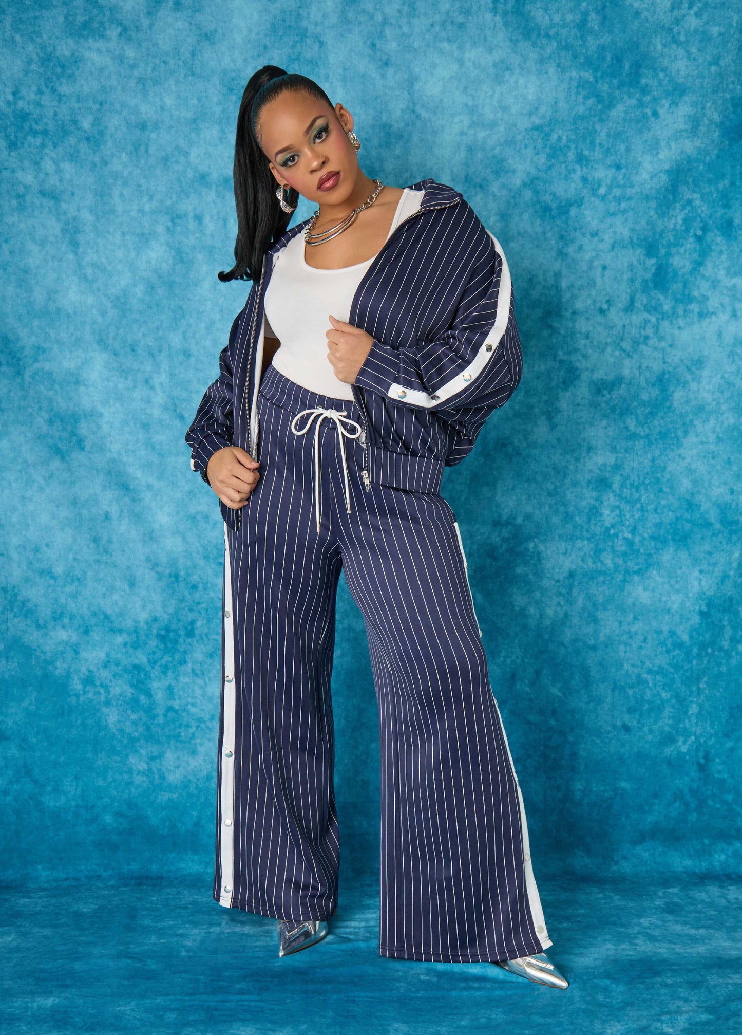Snap Detailed Pinstriped Pants
