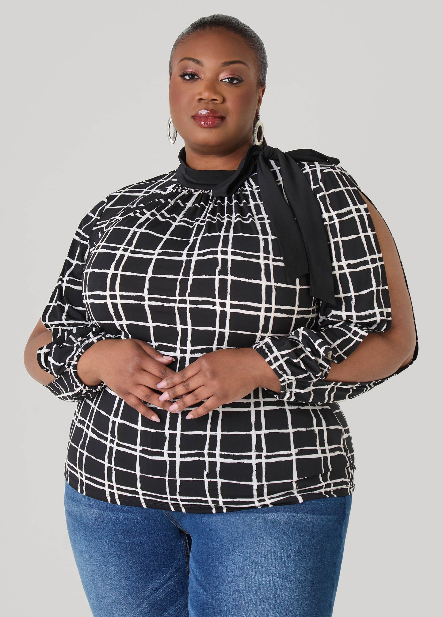 Windowpane Split Sleeved Top